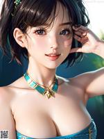 A woman in a blue bikini posing for a picture.